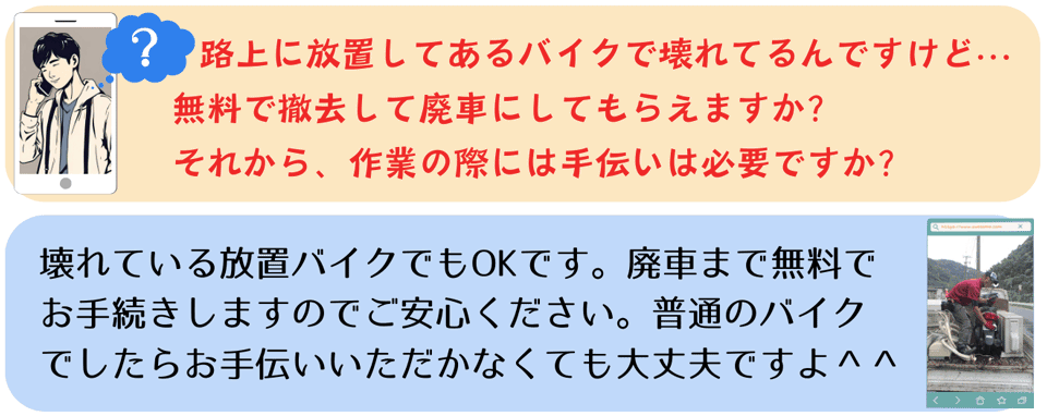 Q.路上に放置してあるバイクで壊れているんですけど・・・無料で撤去して廃車にしてもらえますか?それから作業の際には手伝いは必要ですか?
A.壊れている放置バイクでもOkです。廃車まで無料でお手続きしますのでご安心ください。普通のバイクでしたらお手伝いいただかなくても大丈夫ですよ。