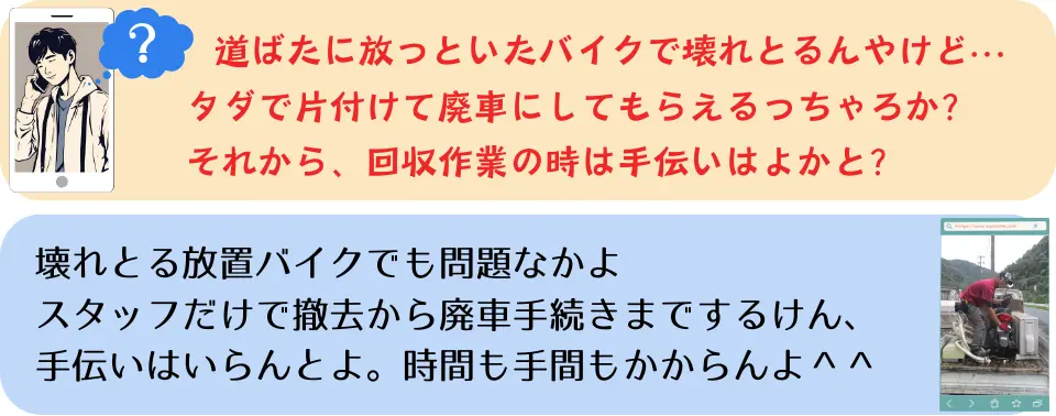 Q.道ばたに放っといたバイクで壊れとるんやけど…タダで片付けて廃車にしてもらえるっちゃろか?それから、回収作業の時は手伝いはよかと?
A.壊れとる放置バイクでも問題なかよ。スタッフだけで撤去から廃車手続きまでするけん、手伝いはいらんとよ。時間も手間もかからんよ^^