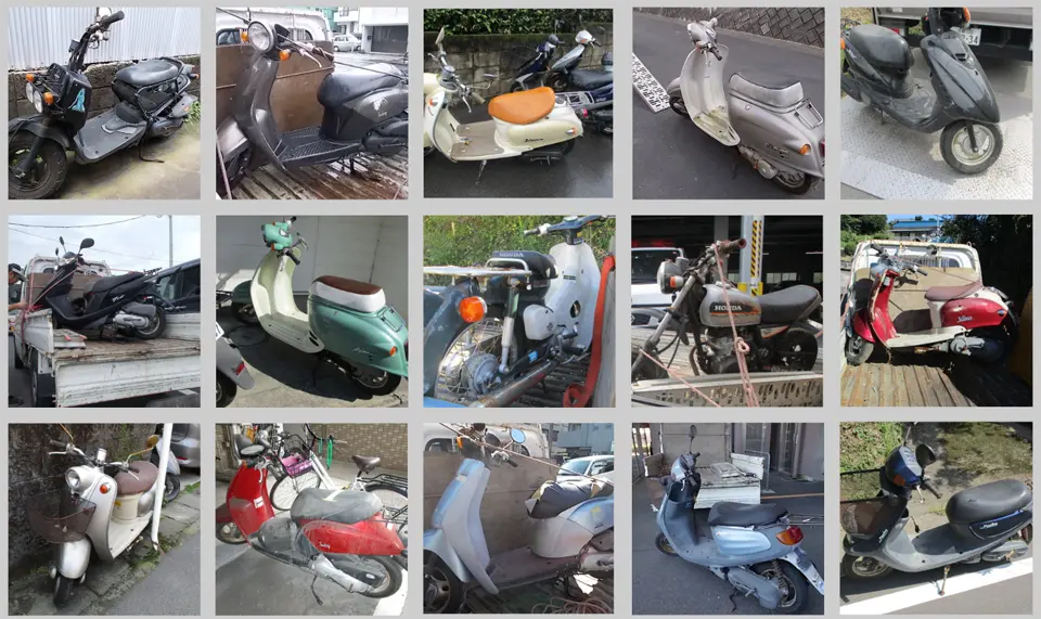 無料回収バイクの一例です。スーパーカブ、モンキー、ズーカー、ビーノ、ジョグ、タクト、ヤマハ原付・スズキ原付・ヤマハ原付・ホンダ原付などなどを無料回収処分しています。