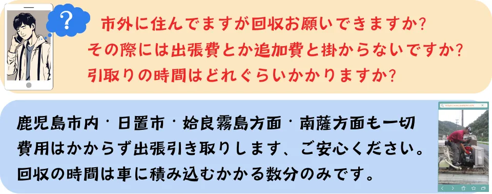 対応地域と作業時間に関するQ&A。鹿児島市、日置市、姶良市、霧島市などへの出張費も無料で、回収作業自体は数分で完了することを案内しています。
